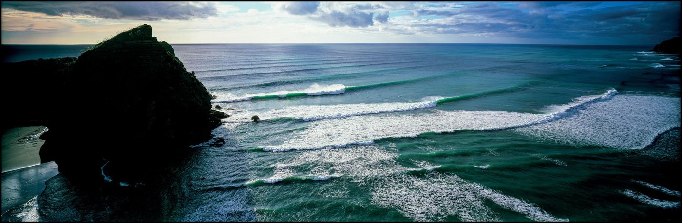 Headland and reef sections at the Far North's edge, Henderson Bay surf spot, Northland East, New Zealand.
