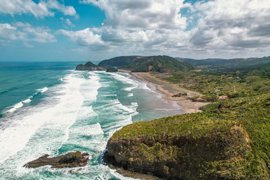 Aerial of the beach, the river mouth and the foredunes that give Te Henga its name, Te Henga / Bethells surf spot, Auckland W